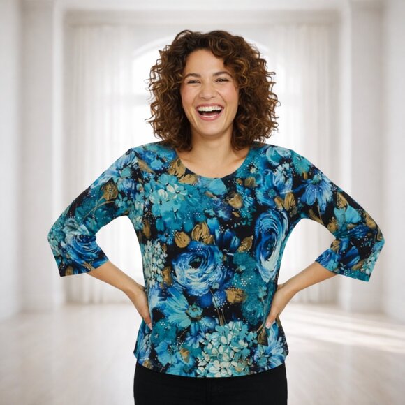 Brittany Black Tops - Brittany Black Multicolor Floral Blouse Size L Stretch 3/4 Sleeve Chic Blue Teal